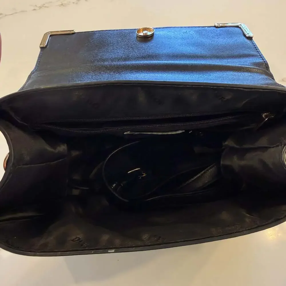 Dune London Black Structured Satchel with Faux Snakeskin Flap and Gold Hardware